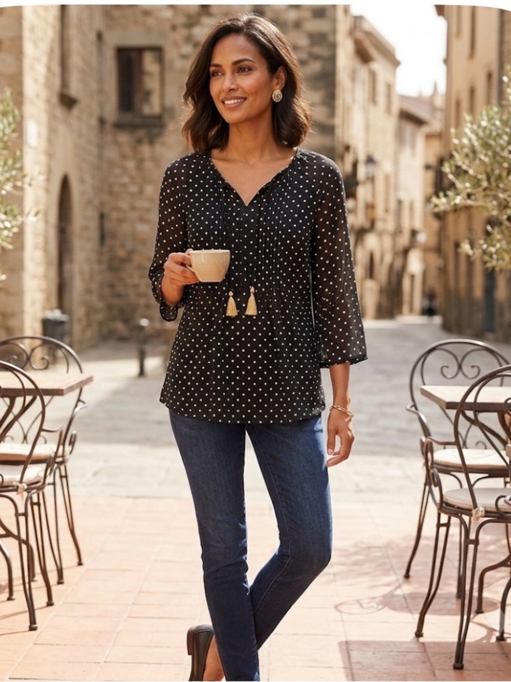 Chárter club Polka Dot Tie-Front‎ Blouse - Black